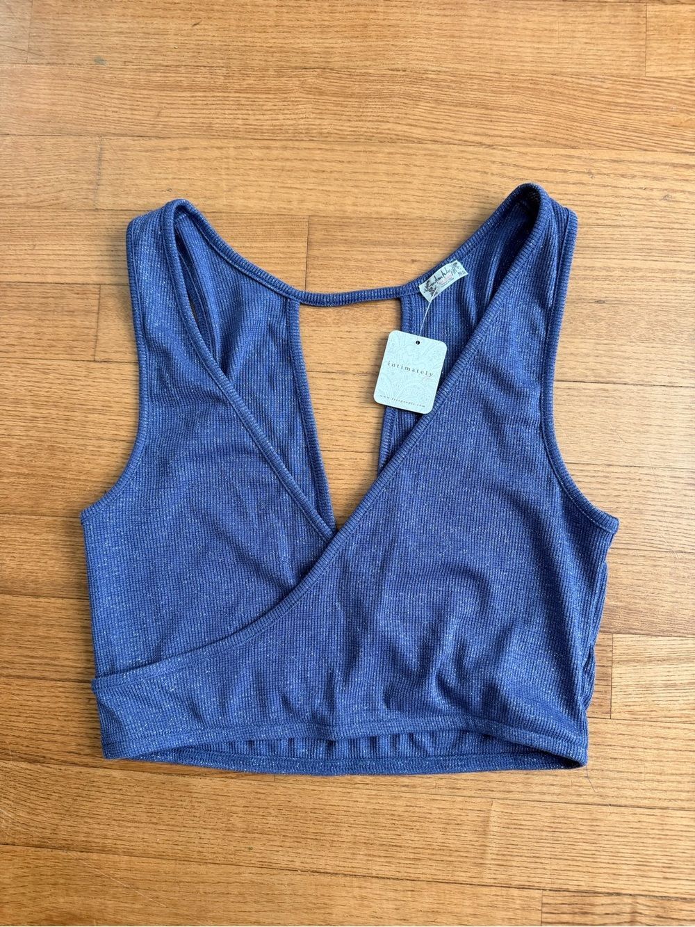 NWT Free People Small Intimately Blue Metallic Ribbed Wrap Crop Top Bralette - Picture 3 of 6